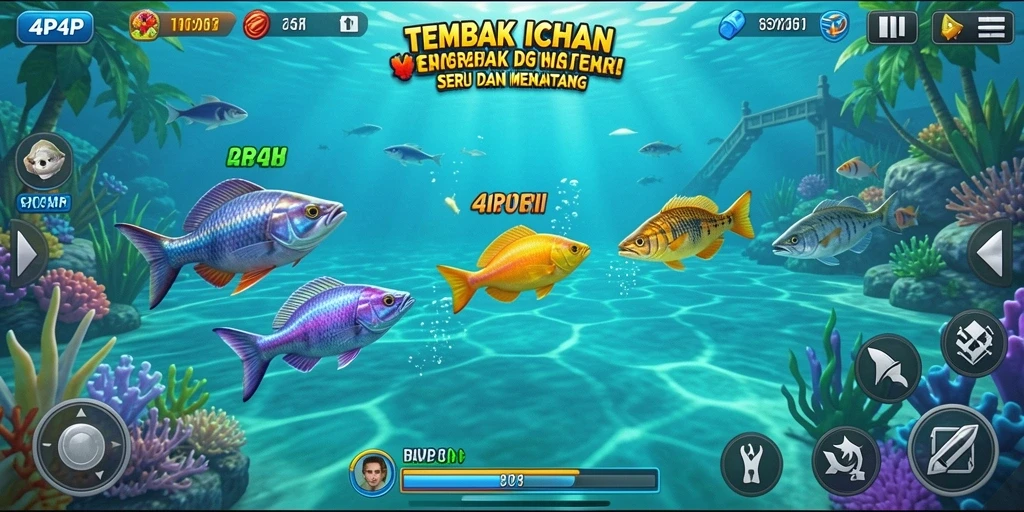 Screenshot menampilkan gameplay seru saat menembak ikan di 4P4P.
