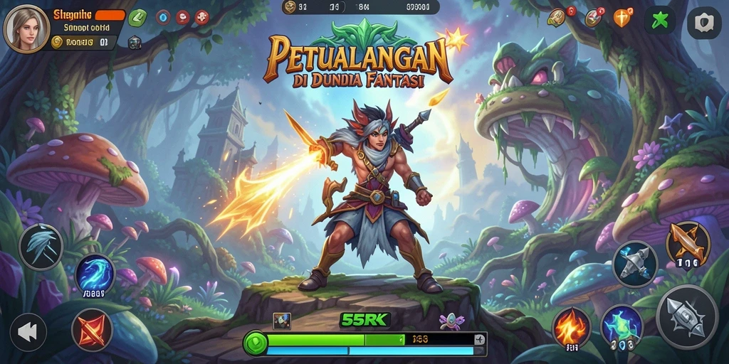Screenshot utama 55RK menampilkan aksi penuh petualangan di dunia fantasi.