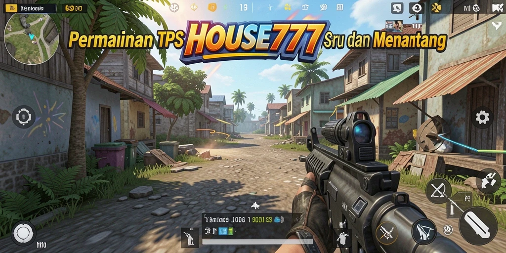 Screenshot utama HOUSE777 menampilkan aksi pertempuran intens dalam TPS.