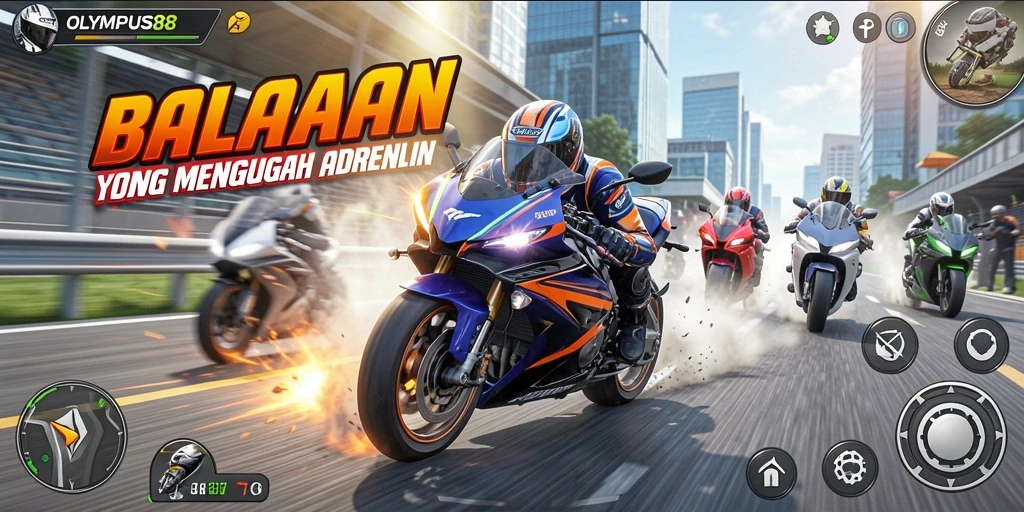 Tampilan gameplay seru OLYMPUS88 di lintasan balapan.
