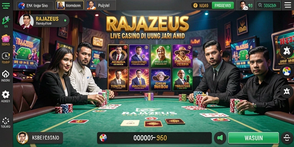 Tangkapan layar dari gameplay RAJAZEUS menunjukkan dealer langsung yang berinteraksi dengan pemain.