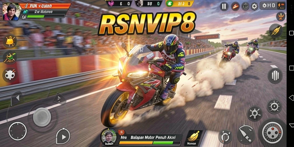Tampilan dinamis dari gameplay seru RSNVIP8 saat balapan motor.