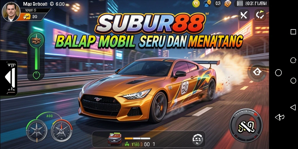Tampilan gameplay SUBUR88 yang menegangkan dengan mobil balap di lintasan.