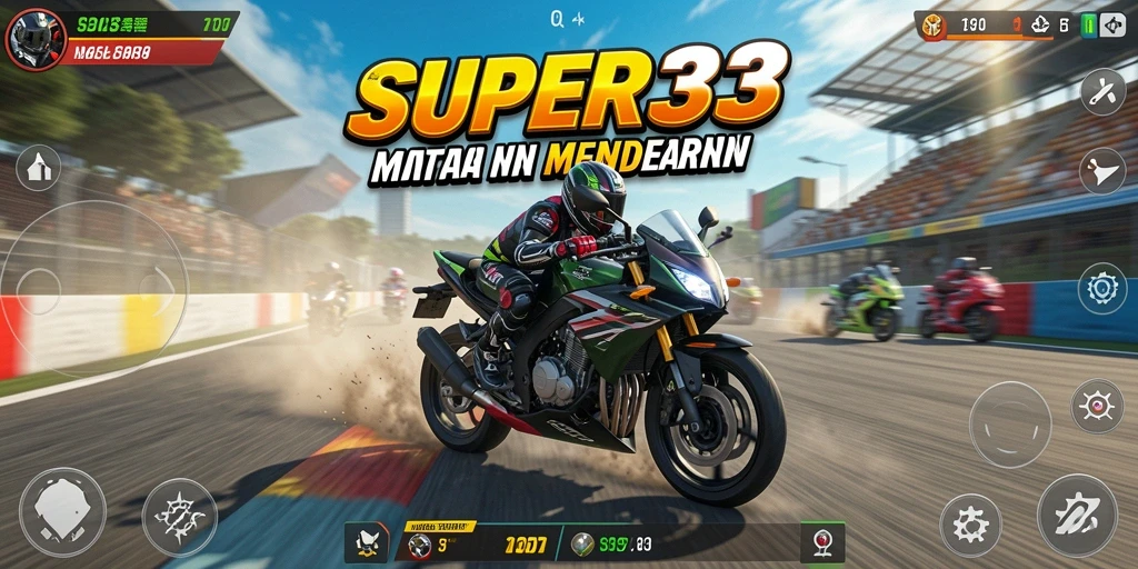 Tangkapan layar utama SUPER33 menunjukkan aksi balap motor yang mendebarkan.