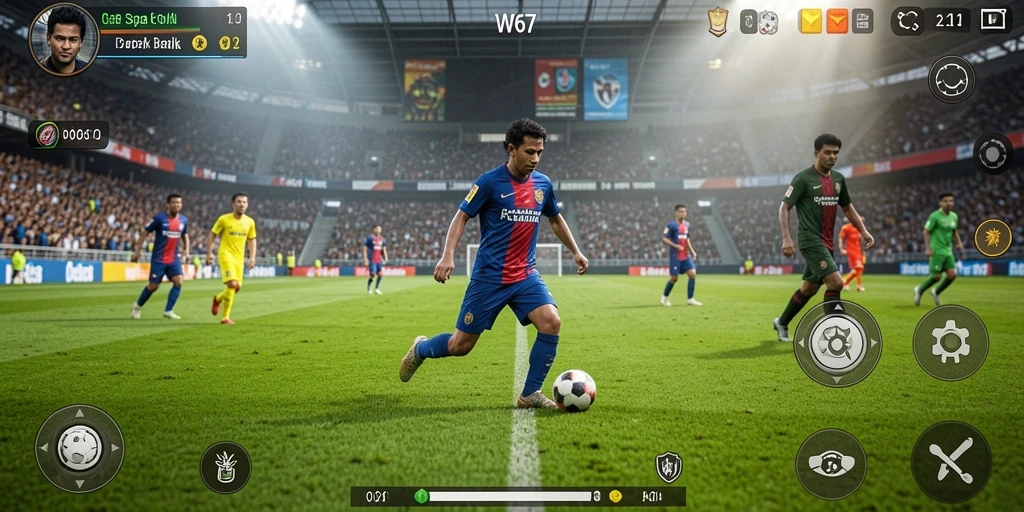Screenshot gameplay W67 menampilkan aksi seru di lapangan sepak bola.