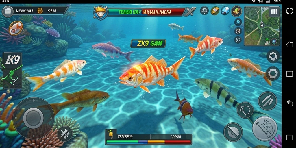 Menampilkan aksi menembak ikan dalam game ZK9 dengan grafis yang memukau.